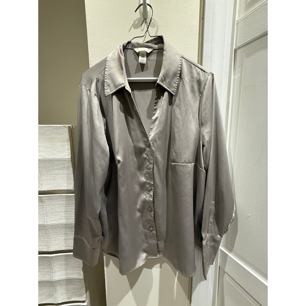 HM Womens Satin Button Down Blouse Taupe Grey Long Sleeve Shirt Size L